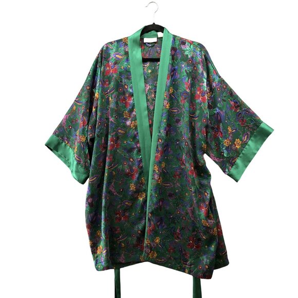 Vintage Victoria' Secret Kimono Robe Womens OS Green Floral Jacquard Chiffon - Picture 1 of 9